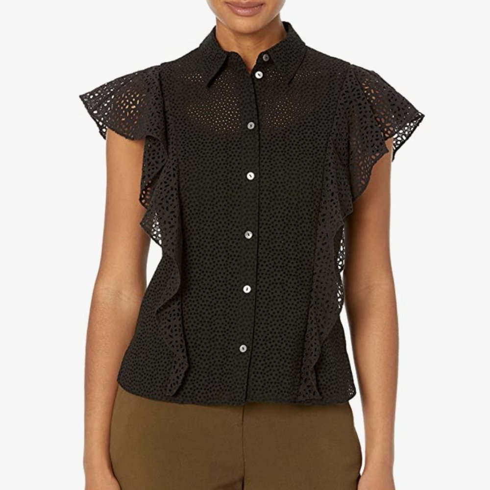 Theory BD Ruffle Eyelet Top in Black Size Small